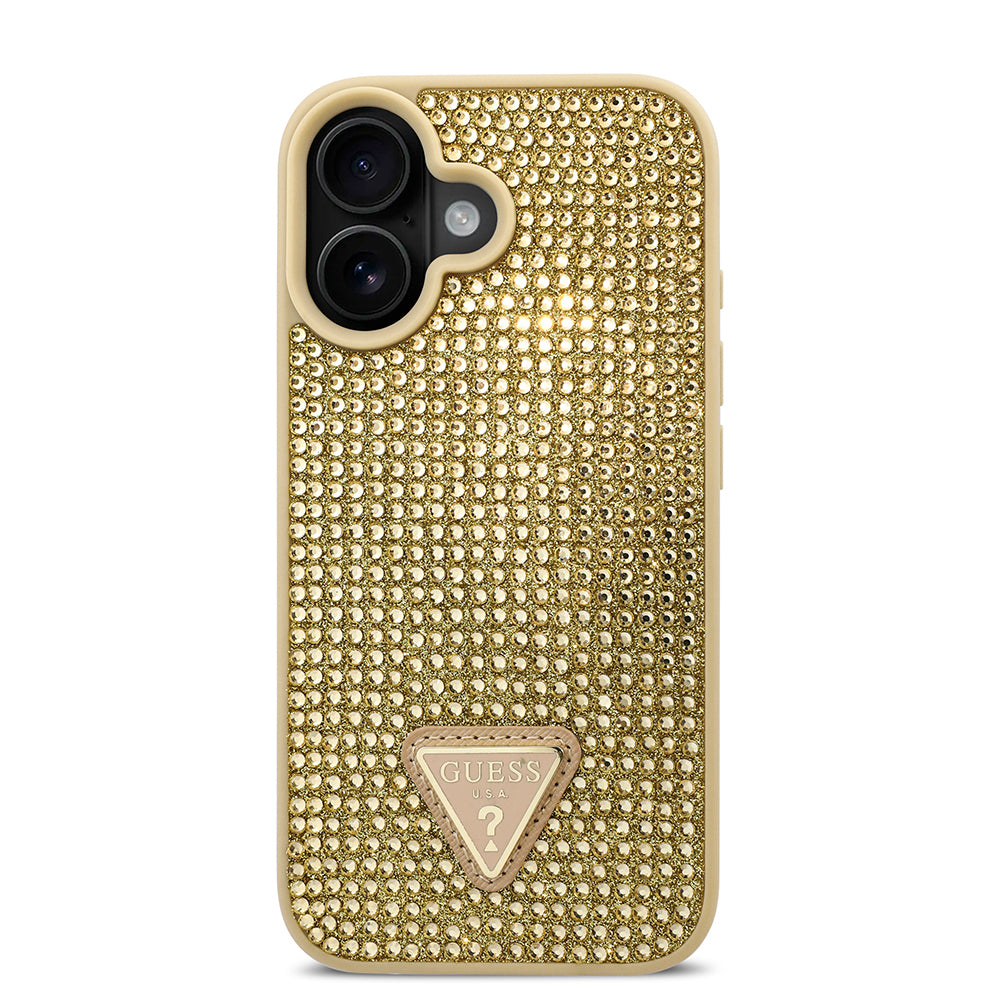 Apple iPhone 16 Plus Case Guess Original Licensed Stone Back Surface Triangle Logo Cover Gold