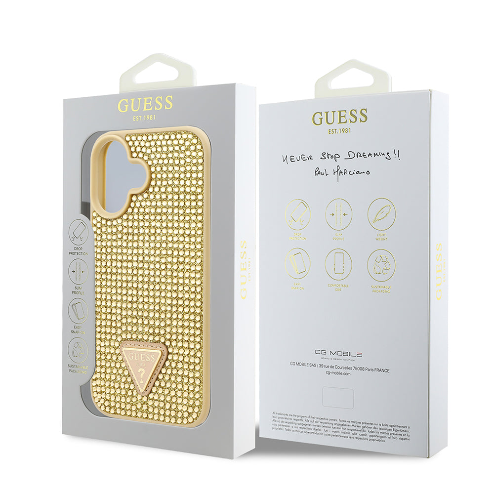 Apple iPhone 16 Plus Case Guess Original Licensed Stone Back Surface Triangle Logo Cover Pink