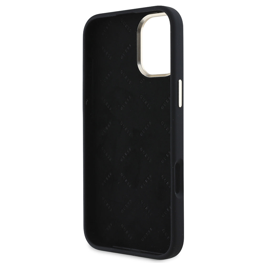 Apple iPhone 16 Plus Case Guess Original Licensed Writing and Stone 4G Logo Metal Camera Frame Silicone Cover Black