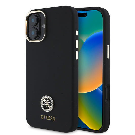 Apple iPhone 16 Plus Case Guess Original Licensed Writing and Stone 4G Logo Metal Camera Frame Silicone Cover Black