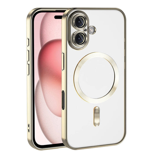 Apple iPhone 16 Plus Case Camera Protection M-Safe Wireless Charging Feature Zore Demre Cover Gold