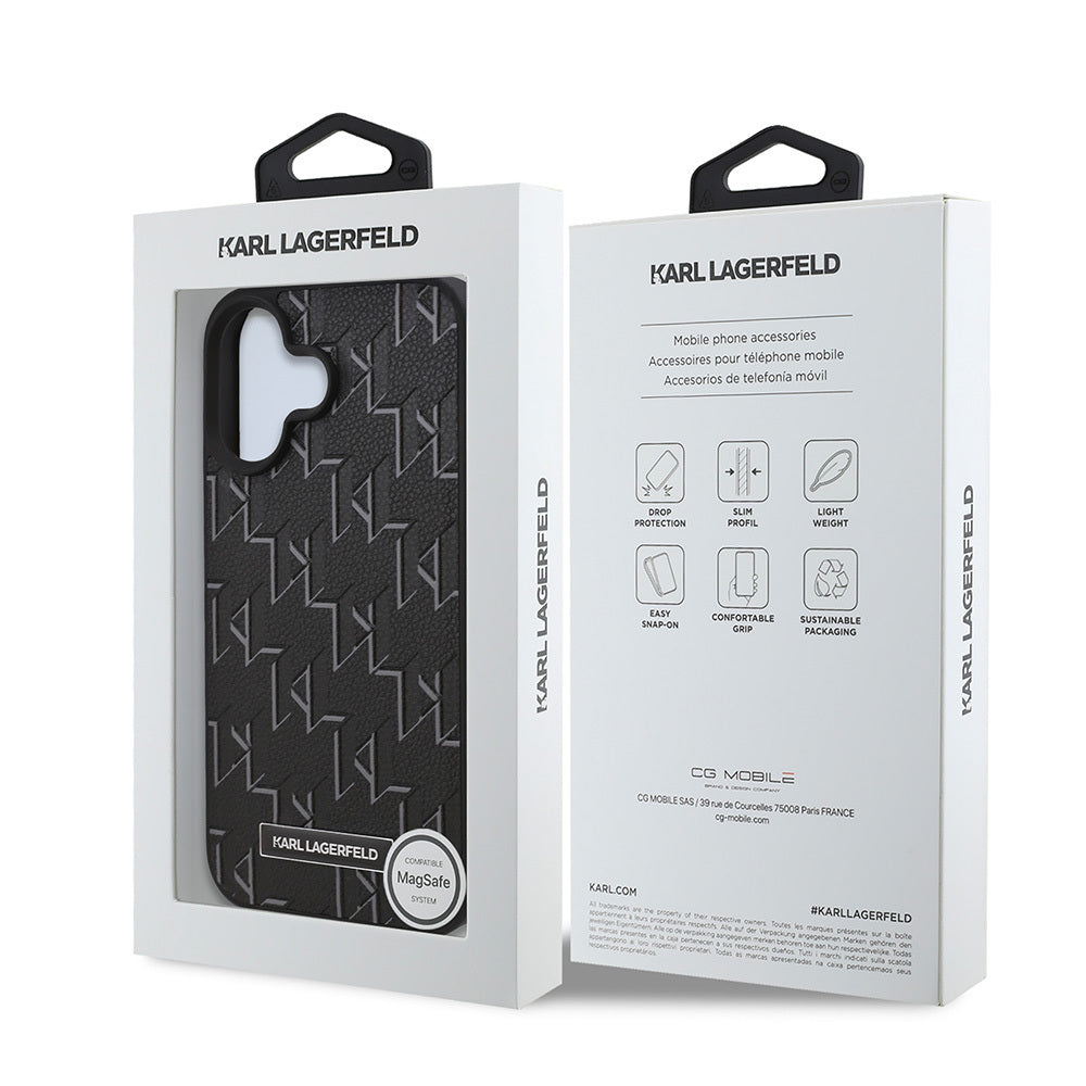 Apple iPhone 16 Plus Case Karl Lagerfeld Original Licensed M-Safe Charging Feature KL Printed Hot Stamp Cover Black
