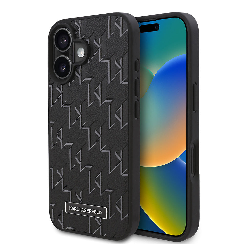 Apple iPhone 16 Plus Case Karl Lagerfeld Original Licensed M-Safe Charging Feature KL Printed Hot Stamp Cover Black