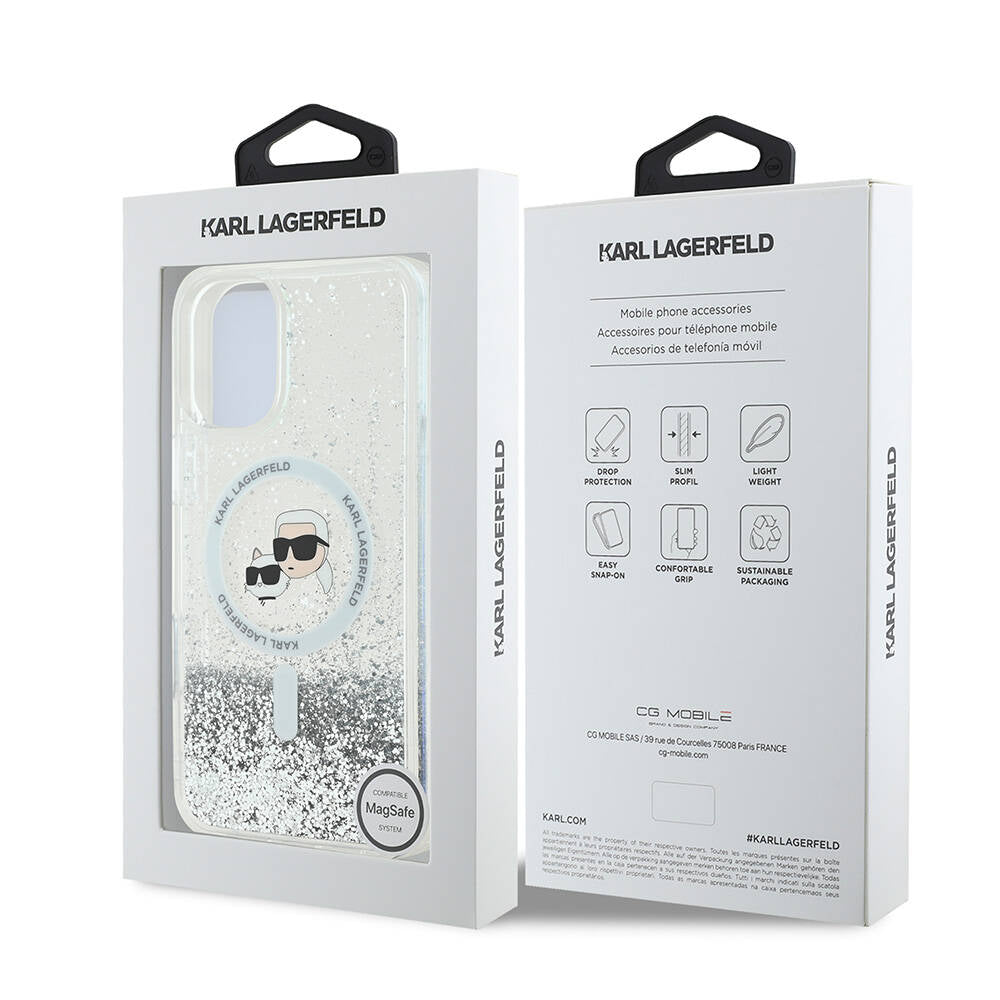 Apple iPhone 16 Plus Kılıf Karl Lagerfeld Orjinal Lisanslı M-safe Şarj Özellikli Sıvılı Simli K&C Heads Kapak Şeffaf