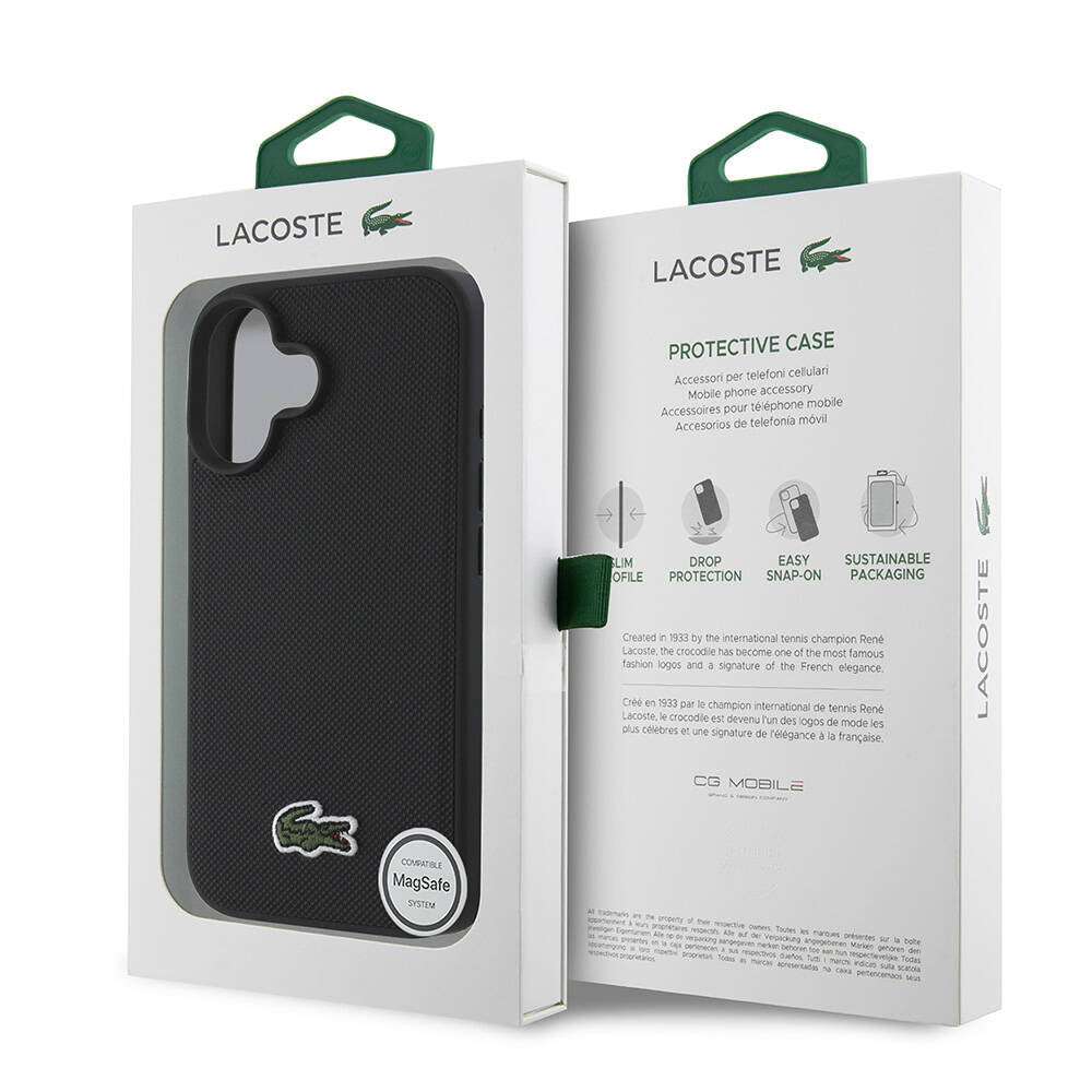 Apple iPhone 16 Plus Case Lacoste Original Licensed PU Pique Patterned Back Surface Iconic Crocodile Woven Logo Cover Black