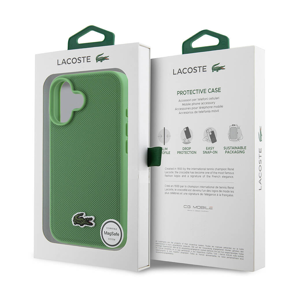 Apple iPhone 16 Plus Case Lacoste Original Licensed PU Pique Patterned Back Surface Iconic Crocodile Woven Logo Cover Dark Green