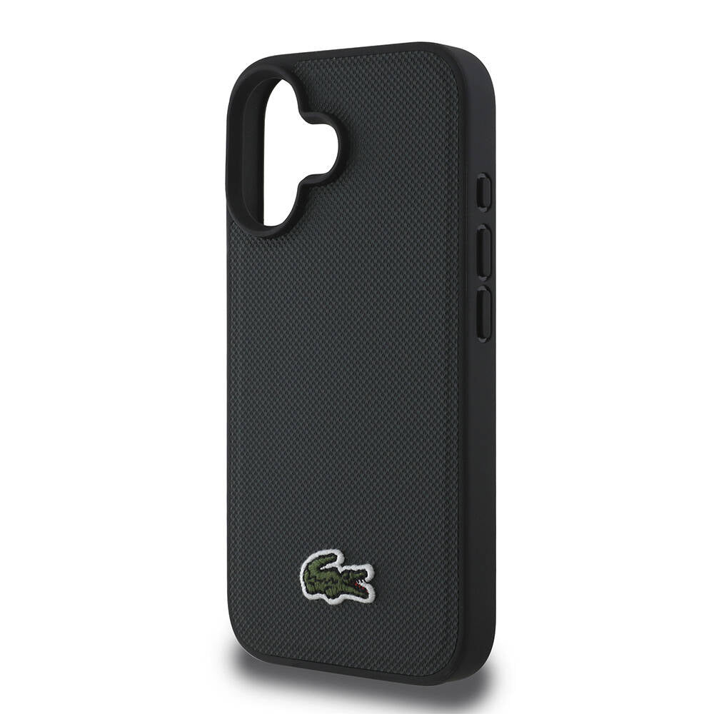 Apple iPhone 16 Plus Case Lacoste Original Licensed PU Pique Patterned Back Surface Iconic Crocodile Woven Logo Cover Black