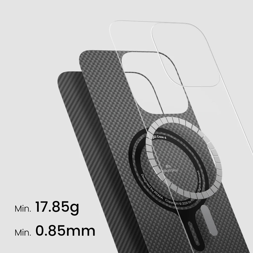 Apple iPhone 16 Plus Kılıf M-safe Şarj Özellikli 600D Aramid Fiber Pitaka Ultra-Slim Classic Serisi Black-Grey Twill Kapak Siyah
