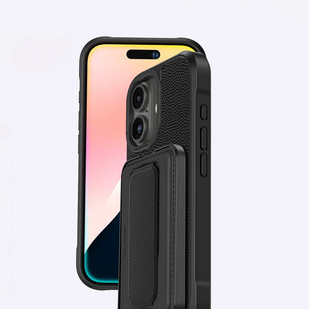 Apple iPhone 16 Plus Case with M-safe Charging Stand and Card Holder Set Amazinghing Glamour Luxe Series Cover Black