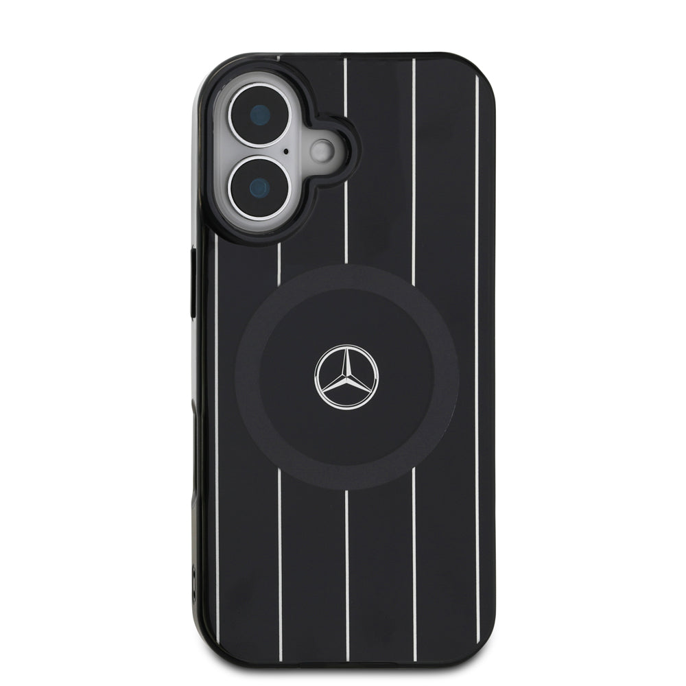 Apple iPhone 16 Plus Case Mercedes Benz Original Licensed M-Safe Charging Feature Double Layer Parallel Stripe Patterned Cover Black