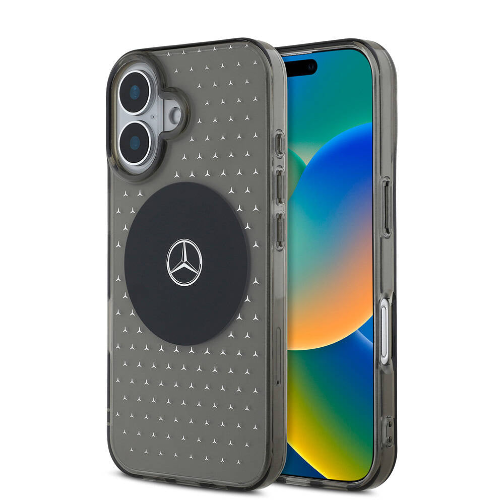 Apple iPhone 16 Plus Case Mercedes Benz Original Licensed M-Safe Charging Feature Star Patterned Transparent Cover Black