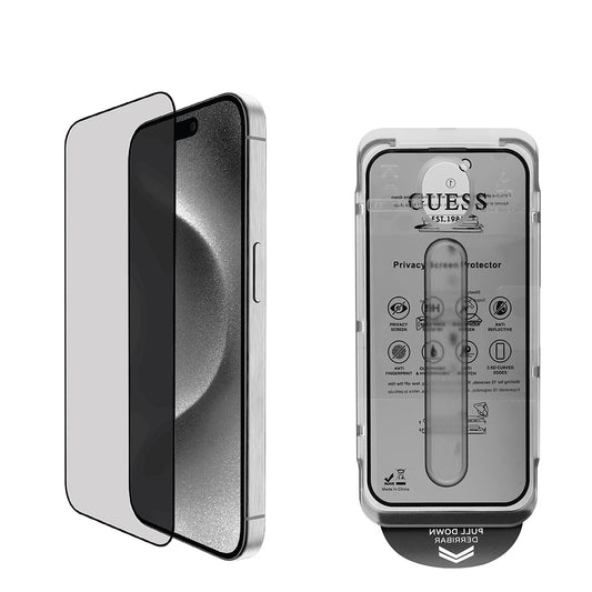 Apple iPhone 16 Pro Guess Original Licensed Ghost Privacy Tempered Glass Screen Protector with Application Tool Outline Series Black