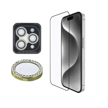 Apple iPhone 16 Pro Guess Original Licensed Rhinestone Screen Protector + Lens Protector 2-in-1 Accessory Set Silver