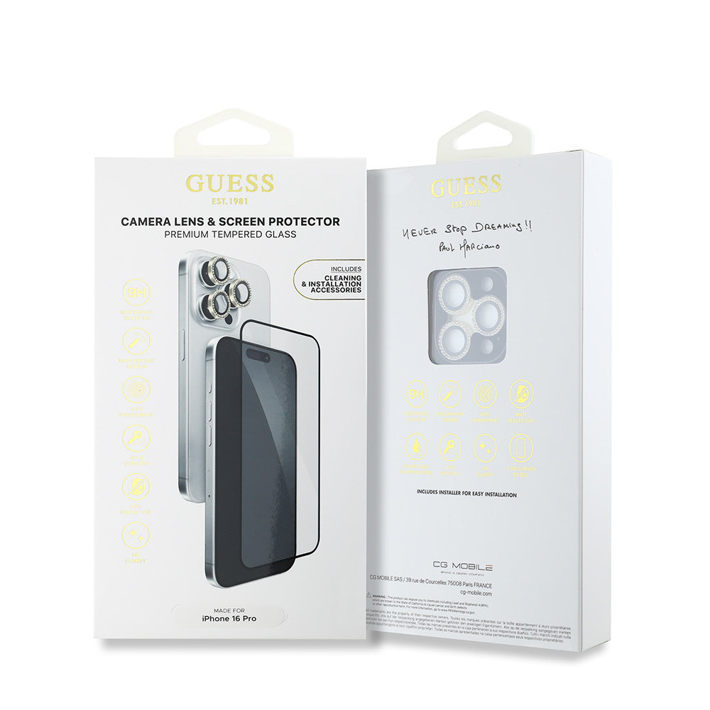 Apple iPhone 16 Pro Guess Original Licensed Rhinestone Screen Protector + Lens Protector 2-in-1 Accessory Set Silver