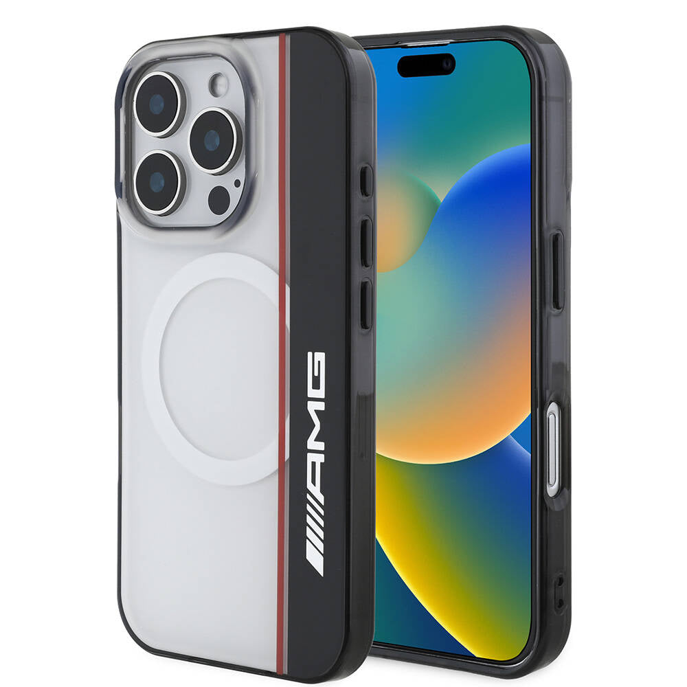Apple iPhone 16 Pro Case AMG Original Licensed M-Safe Charging Feature IML Print Logo Double Layer Bow Lines Cover White