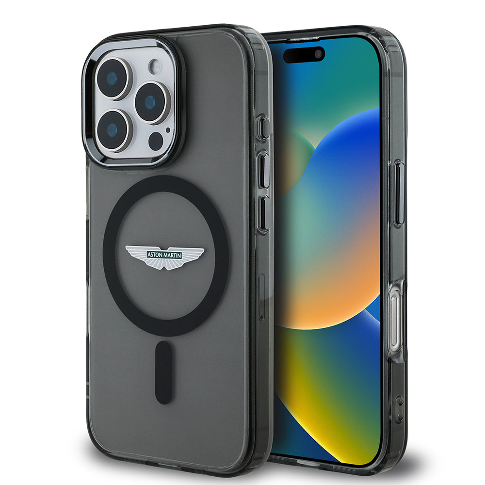 Apple iPhone 16 Pro Kılıf Aston Martin Orjinal Lisanslı M-safe Şarj Özellikli IML Baskı Logolu Buzlu Kapak Siyah