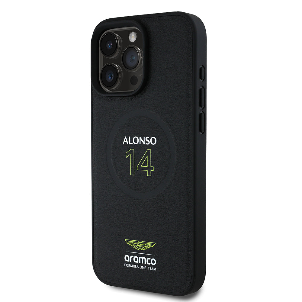 Apple iPhone 16 Pro Kılıf Aston Martin Orjinal Lisanslı M-safe Şarj Özellikli PU Deri Alonso 14 Baskılı Kapak Siyah