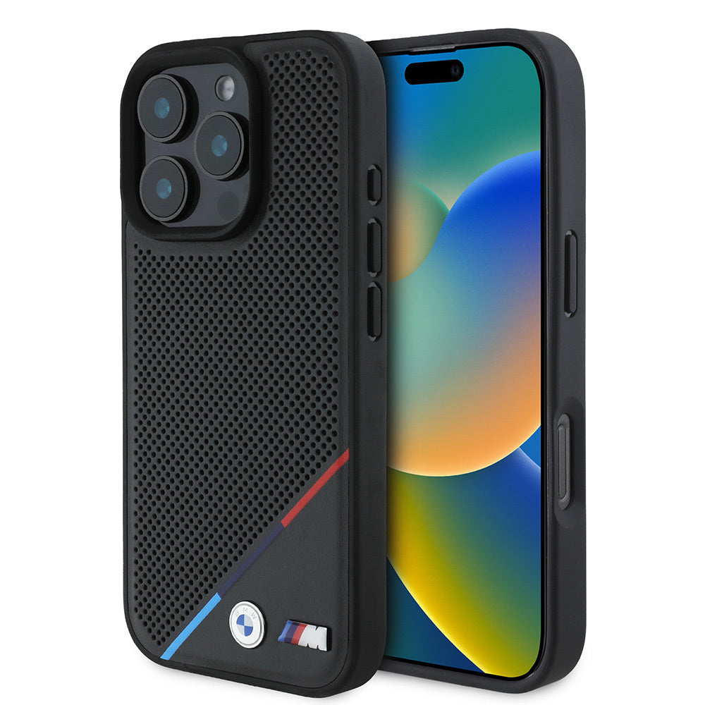 Apple iPhone 16 Pro Case BMW Original Licensed M-Safe Charging Feature M Logo Three Striped Perforated Leather Cover Black