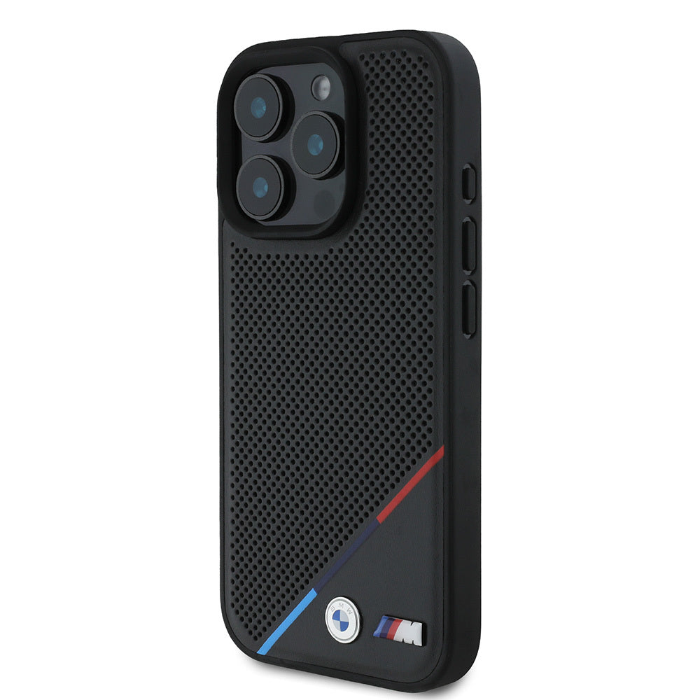 Apple iPhone 16 Pro Case BMW Original Licensed M-Safe Charging Feature M Logo Three Striped Perforated Leather Cover Black