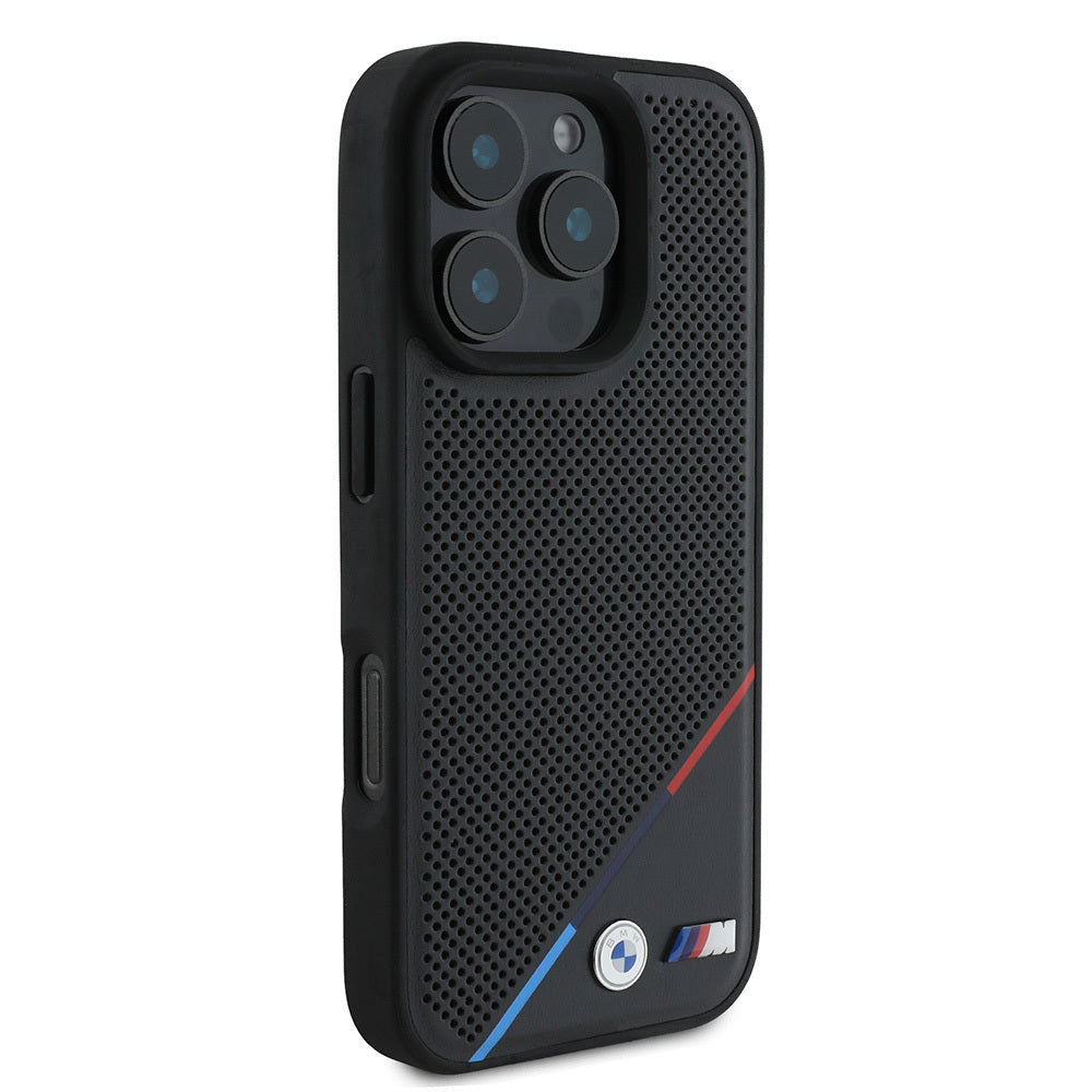 Apple iPhone 16 Pro Case BMW Original Licensed M-Safe Charging Feature M Logo Three Striped Perforated Leather Cover Black