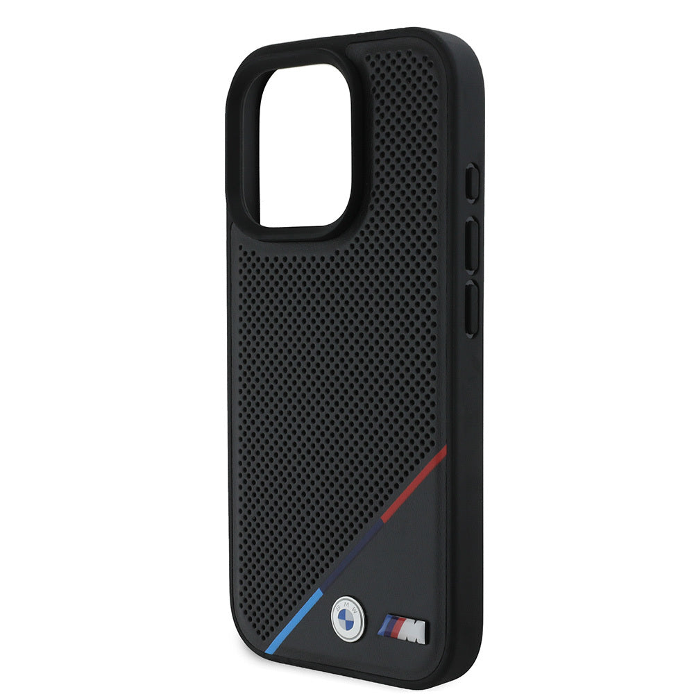 Apple iPhone 16 Pro Case BMW Original Licensed M-Safe Charging Feature M Logo Three Striped Perforated Leather Cover Black