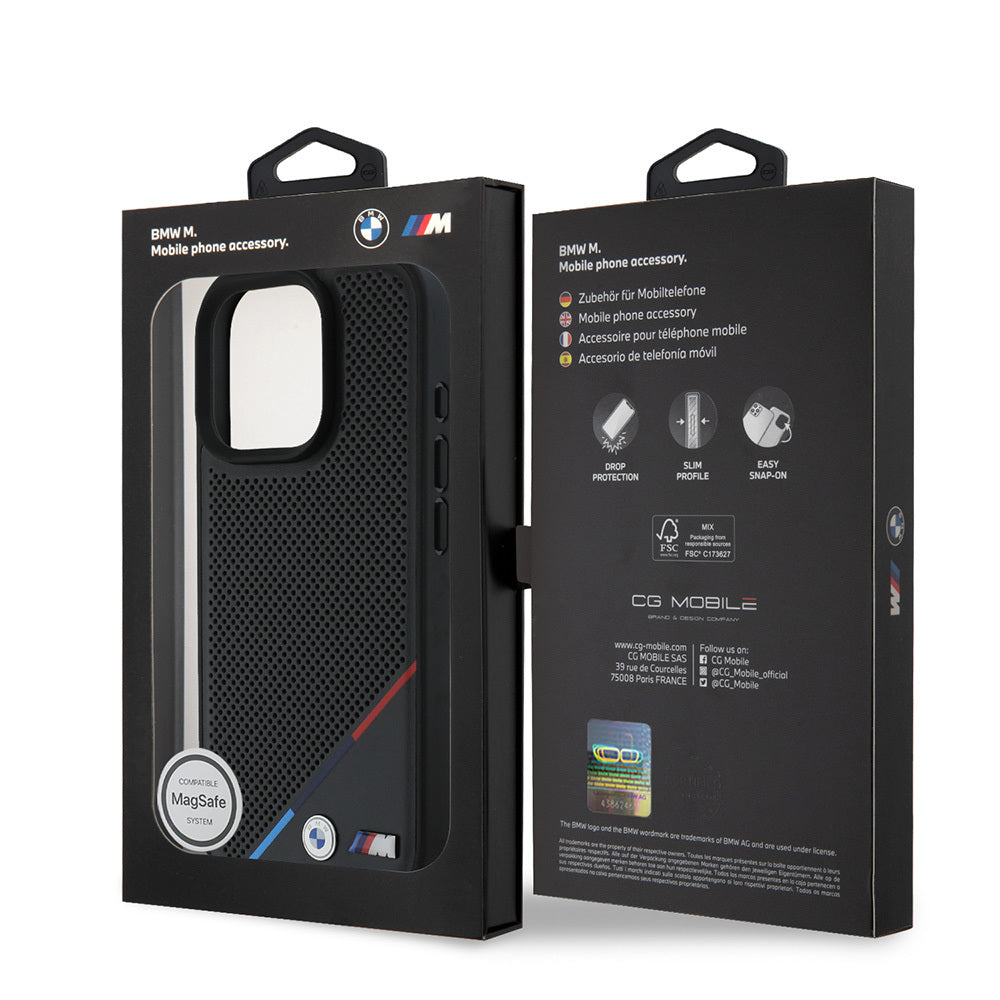 Apple iPhone 16 Pro Case BMW Original Licensed M-Safe Charging Feature M Logo Three Striped Perforated Leather Cover Black