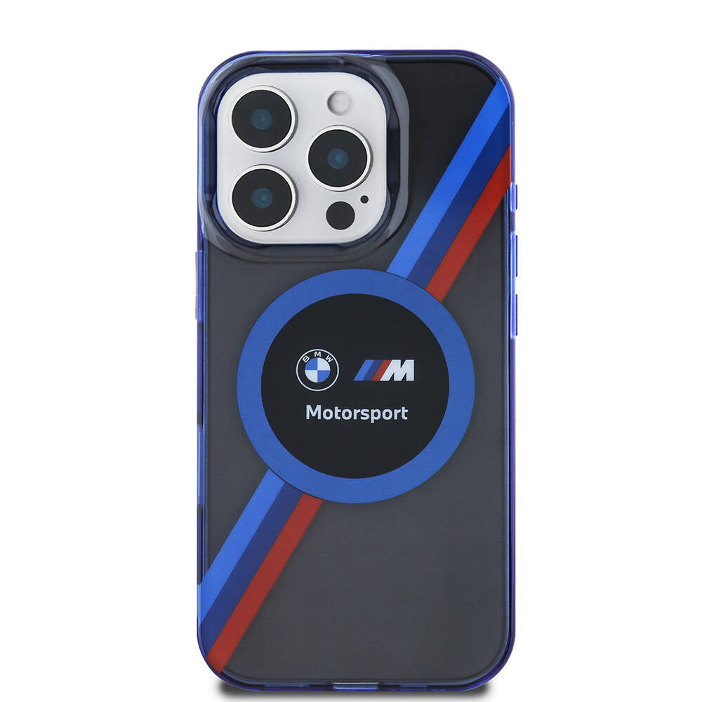 Apple iPhone 16 Pro Case BMW Original Licensed M-Safe Charging Feature M Logo Three Color Striped Motorsport Circle Cover Black