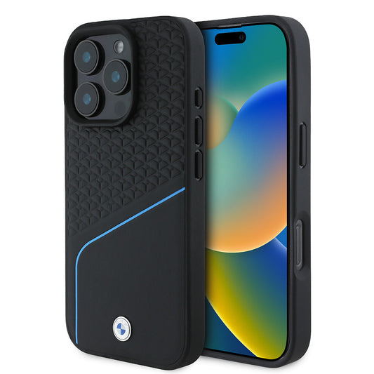 Apple iPhone 16 Pro Kılıf BMW Orjinal Lisanslı M-safe Şarj Özellikli Metal Logolu Dokulu ve Çizgili Deri Kapak Siyah