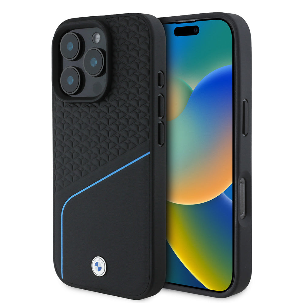 Apple iPhone 16 Pro Case BMW Original Licensed M-Safe Charging Feature Metal Logo Textured and Striped Leather Cover Gray