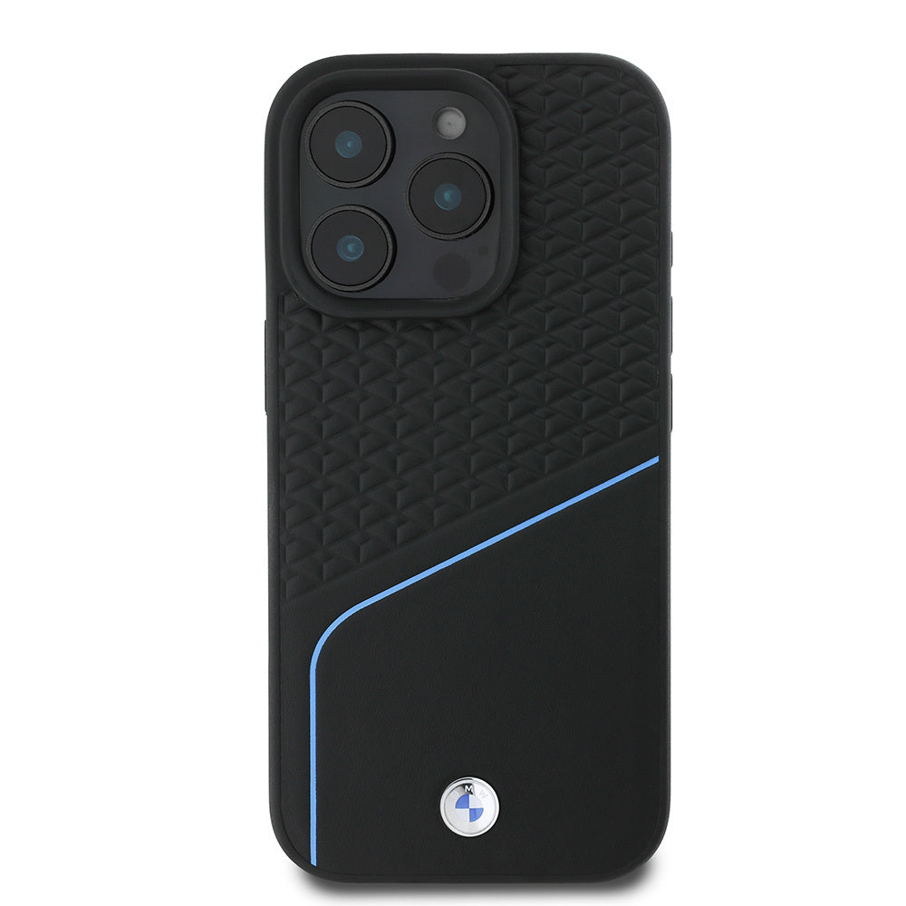Apple iPhone 16 Pro Case BMW Original Licensed M-Safe Charging Feature Metal Logo Textured and Striped Leather Cover Gray