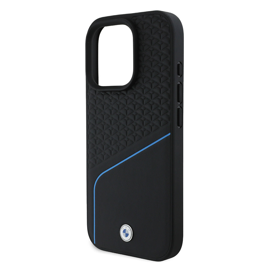 Apple iPhone 16 Pro Case BMW Original Licensed M-Safe Charging Feature Metal Logo Textured and Striped Leather Cover Gray
