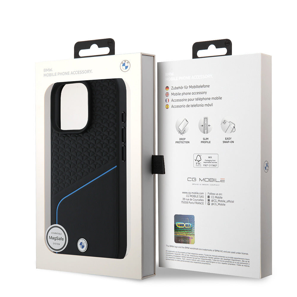 Apple iPhone 16 Pro Case BMW Original Licensed M-Safe Charging Feature Metal Logo Textured and Striped Leather Cover Gray
