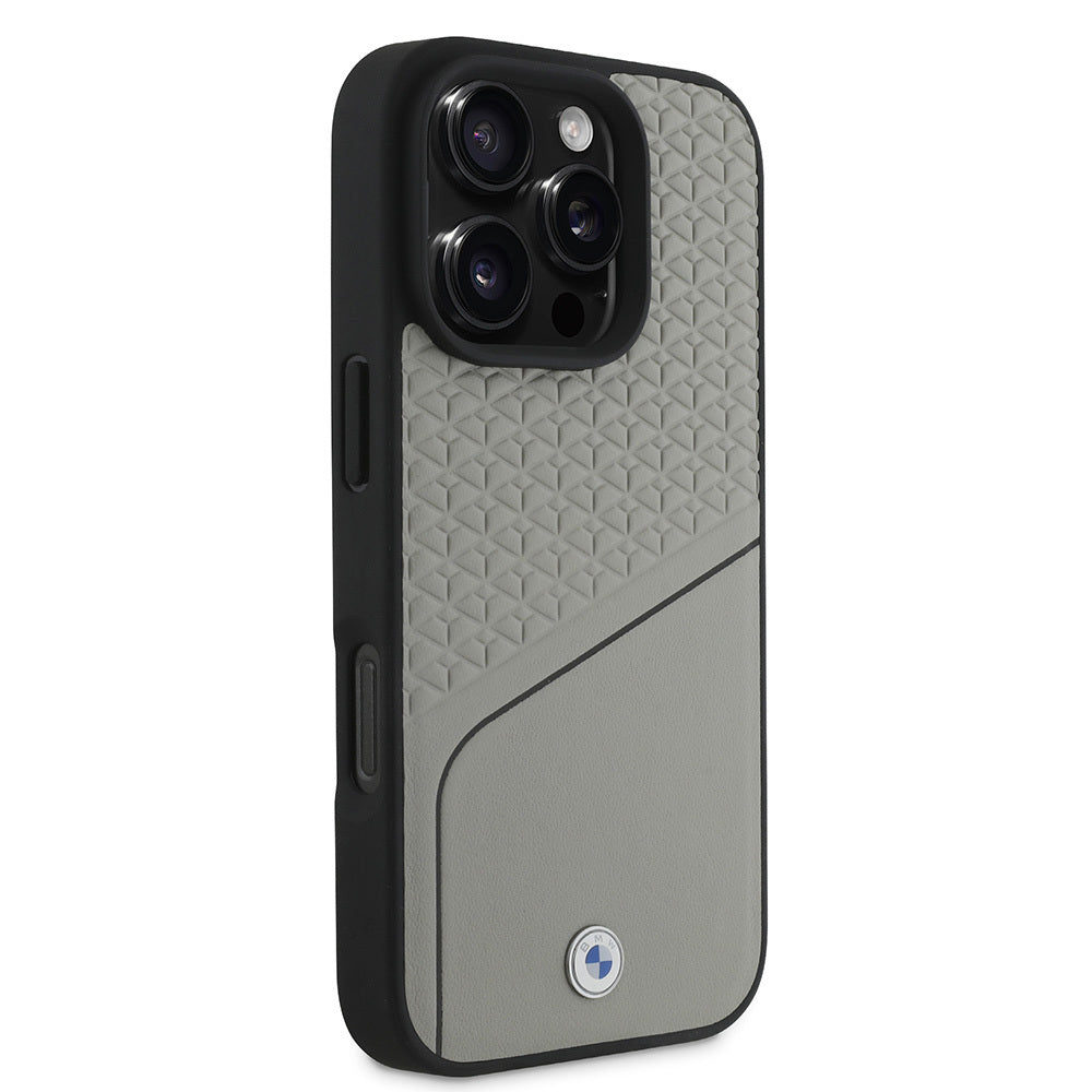 Apple iPhone 16 Pro Case BMW Original Licensed M-Safe Charging Feature Metal Logo Textured and Striped Leather Cover Gray