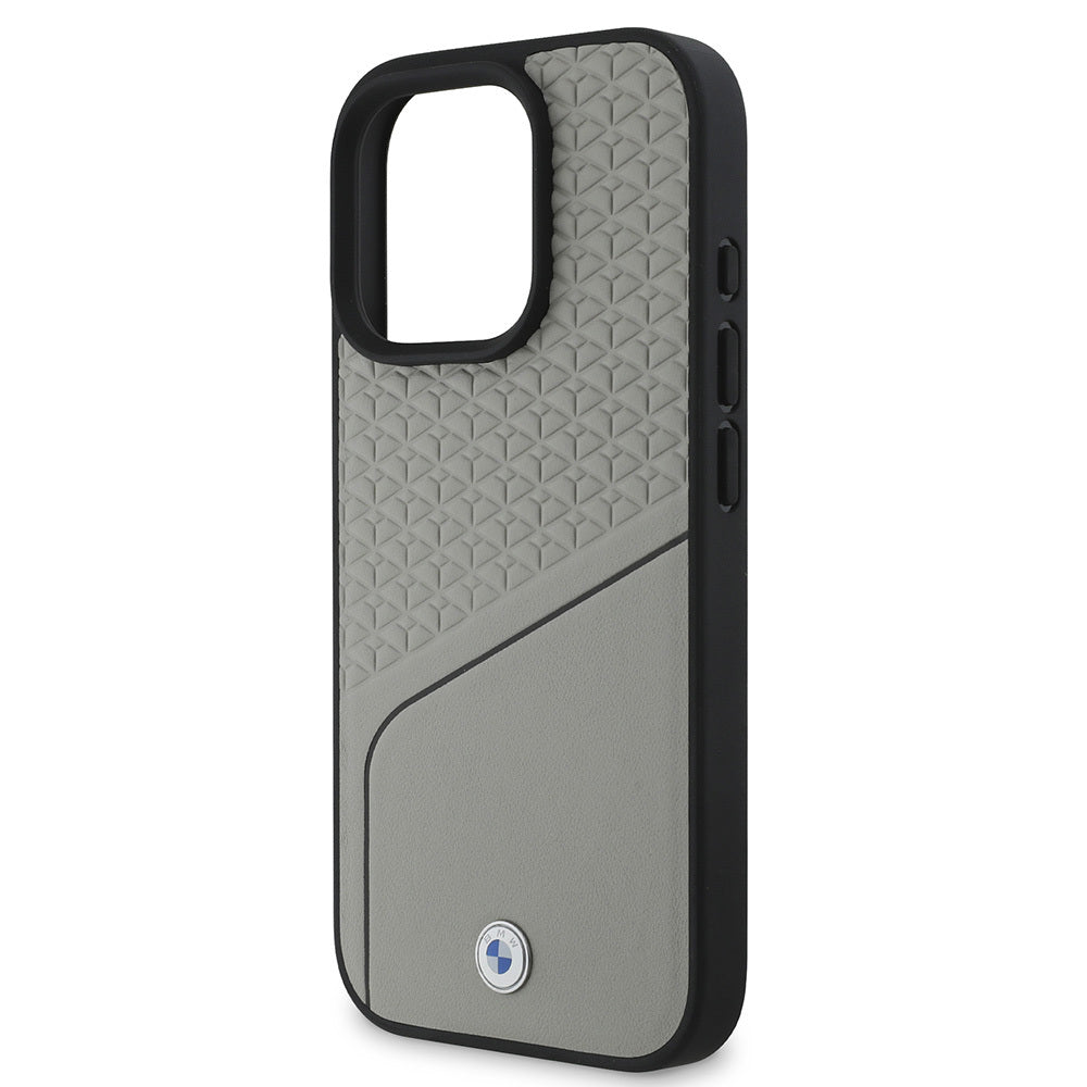 Apple iPhone 16 Pro Case BMW Original Licensed M-Safe Charging Feature Metal Logo Textured and Striped Leather Cover Gray