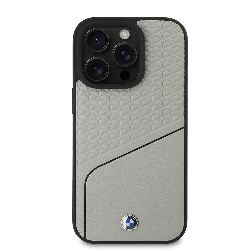 Apple iPhone 16 Pro Case BMW Original Licensed M-Safe Charging Feature Metal Logo Textured and Striped Leather Cover Gray