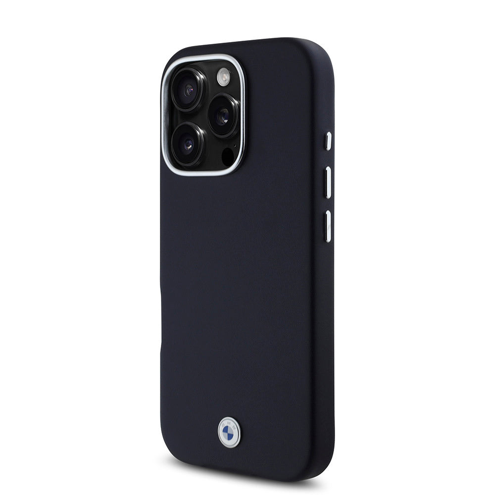 Apple iPhone 16 Pro Case BMW Original Licensed M-Safe Charging Feature Metal Logo Full Cover Leather Cover Navy Blue