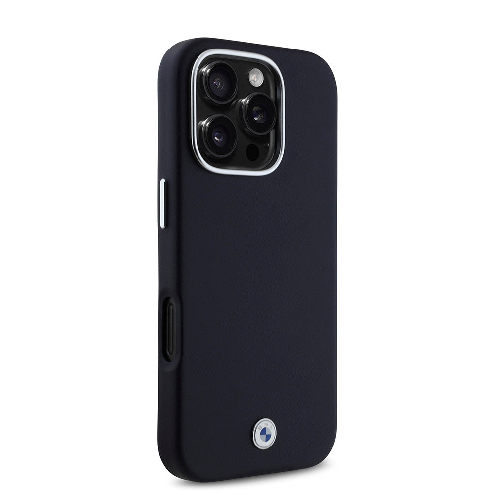 Apple iPhone 16 Pro Case BMW Original Licensed M-Safe Charging Feature Metal Logo Full Cover Leather Cover Navy Blue