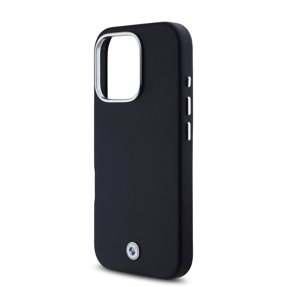 Apple iPhone 16 Pro Case BMW Original Licensed M-Safe Charging Feature Metal Logo Full Cover Leather Cover Navy Blue