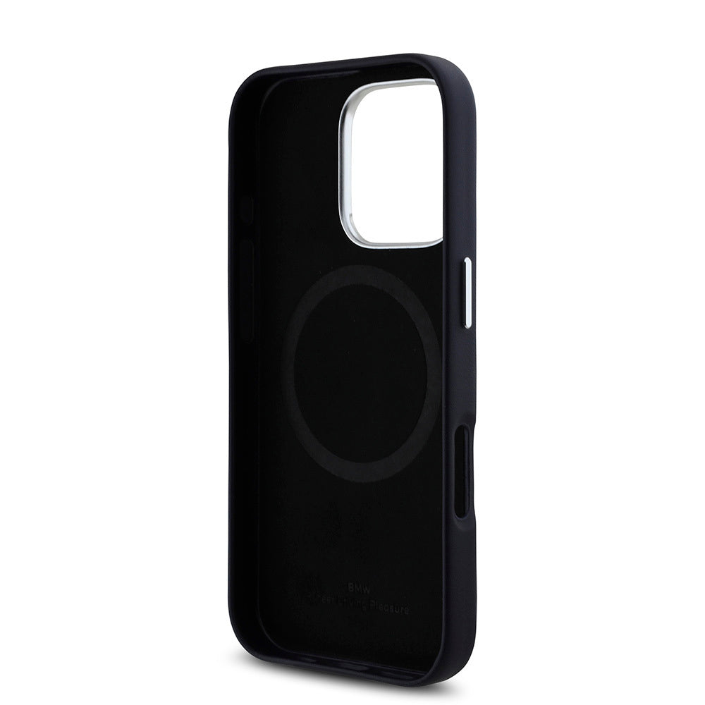 Apple iPhone 16 Pro Case BMW Original Licensed M-Safe Charging Feature Metal Logo Full Cover Leather Cover Navy Blue