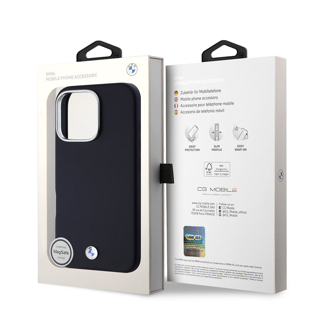 Apple iPhone 16 Pro Case BMW Original Licensed M-Safe Charging Feature Metal Logo Full Cover Leather Cover Navy Blue