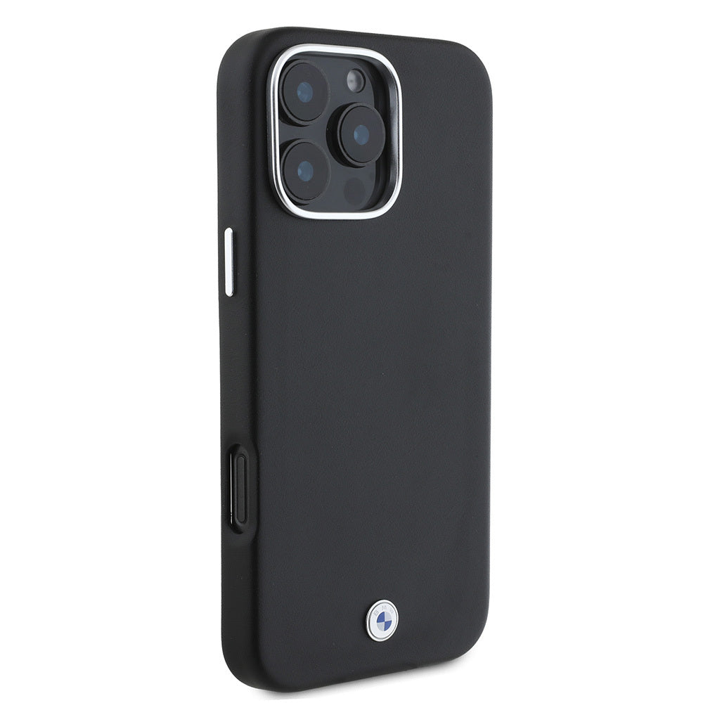 Apple iPhone 16 Pro Case BMW Original Licensed M-Safe Charging Feature Metal Logo Full Cover Leather Cover Navy Blue