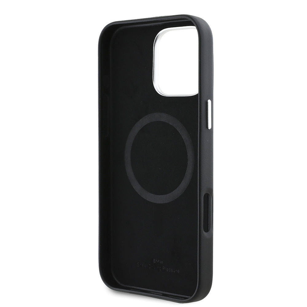 Apple iPhone 16 Pro Case BMW Original Licensed M-Safe Charging Feature Metal Logo Full Cover Leather Cover Black