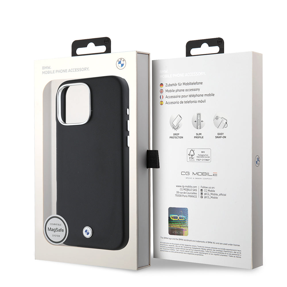 Apple iPhone 16 Pro Case BMW Original Licensed M-Safe Charging Feature Metal Logo Full Cover Leather Cover Navy Blue
