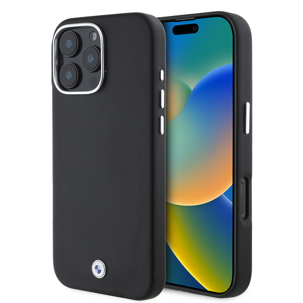 Apple iPhone 16 Pro Case BMW Original Licensed M-Safe Charging Feature Metal Logo Full Cover Leather Cover Black