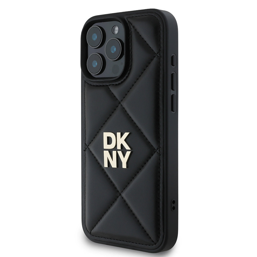 Apple iPhone 16 Pro Case DKNY Original Licensed Quilted Design Metal Logo Leather Cover Black