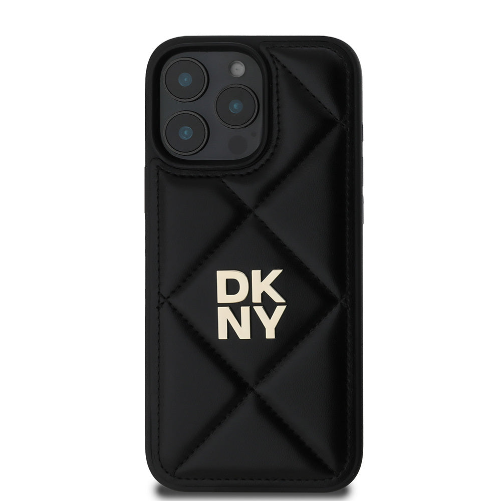 Apple iPhone 16 Pro Case DKNY Original Licensed Quilted Design Metal Logo Leather Cover Black