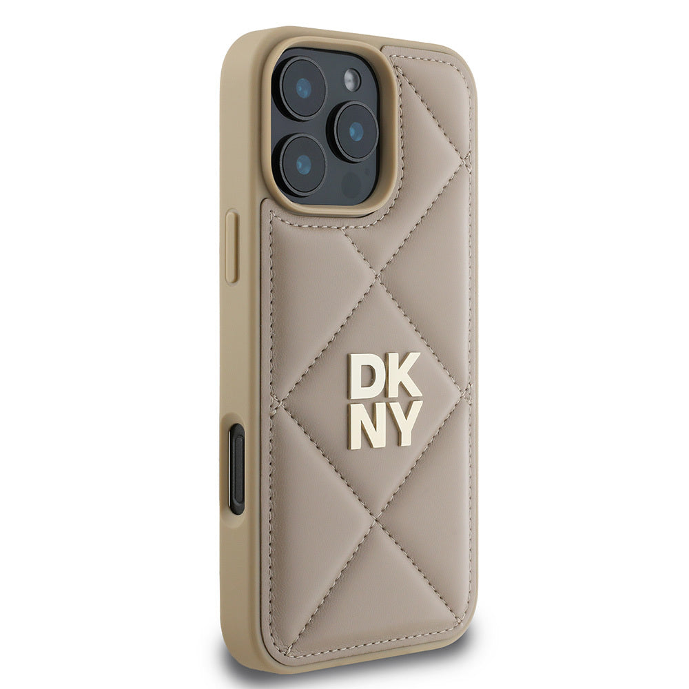 Apple iPhone 16 Pro Case DKNY Original Licensed Quilted Design Metal Logo Leather Cover Black