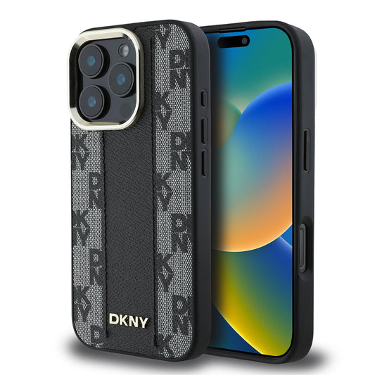 Apple iPhone 16 Pro Kılıf DKNY Orjinal Lisanslı M-safe Şarj Özellikli 3D Yazılı Checkered Pattern Kapak Siyah