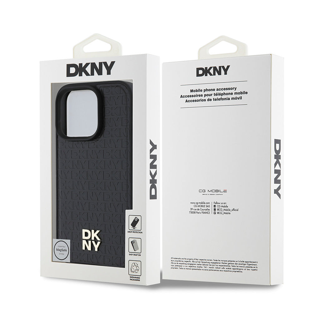Apple iPhone 16 Pro Case DKNY Original Licensed M-safe Charging Feature 3D Printed Repeat Pattern Cover Black