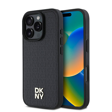 Apple iPhone 16 Pro Kılıf DKNY Orjinal Lisanslı M-safe Şarj Özellikli 3D Yazılı Repeat Pattern Kapak Siyah